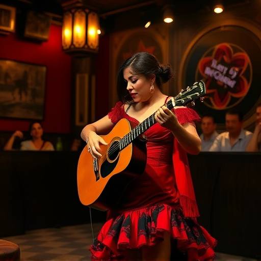 Bailaora de flamenco apasionada actuando en un tablao &iacute;ntimo en Sevilla, iluminada por luces c&aacute;lidas.