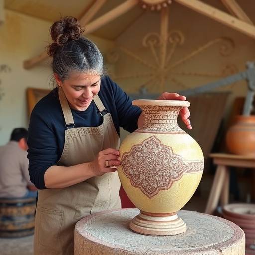 Ceramista modelando una vasija de barro en un torno en un taller en Talavera de la Reina