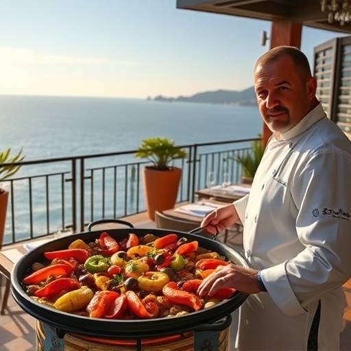 Chef sonriente mostrando una paella reci&eacute;n hecha en una terraza con vistas al mar Mediterr&aacute;neo
