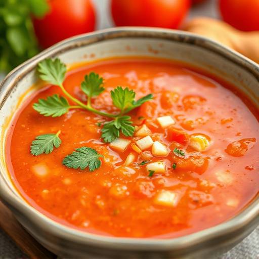 Cuenco de gazpacho andaluz refrescante, decorado con trocitos de pimiento, tomate y pepino, servido con una cuchara.
