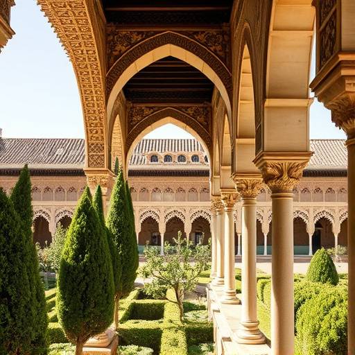 Detalle de la arquitectura morisca de la Alhambra de Granada, con sus arcos intrincados y jardines exuberantes.
