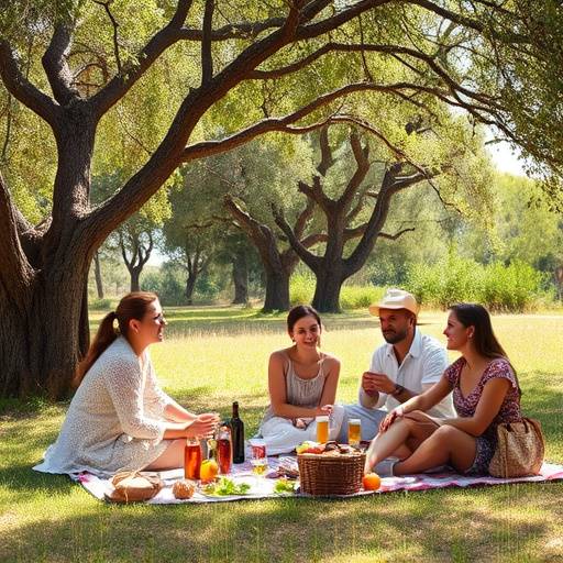 Familia disfrutando de un picnic bajo olivos centenarios en Andaluc&iacute;a