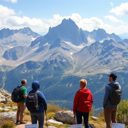 Grupo de excursionistas observando el paisaje monta&ntilde;oso en los Picos de Europa