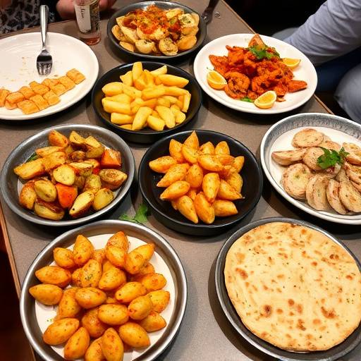 Mesa llena de tapas variadas: patatas bravas con salsa picante, gambas al ajillo chisporroteando, tortilla espa&radic;&plusmn;ola en porciones y aceitunas ali&radic;&plusmn;adas.