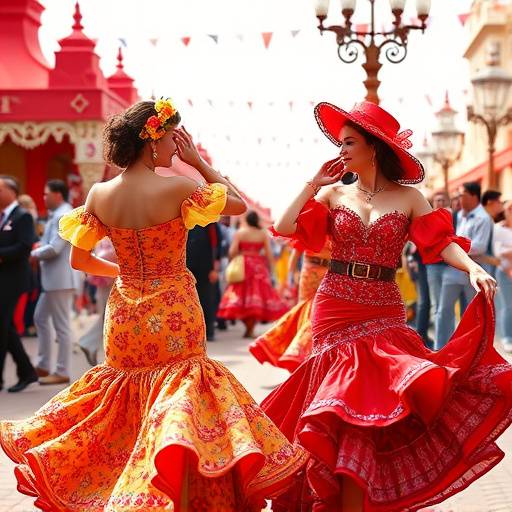 Mujeres vestidas con trajes de flamenca bailando y disfrutando en la Feria de Abril de Sevilla