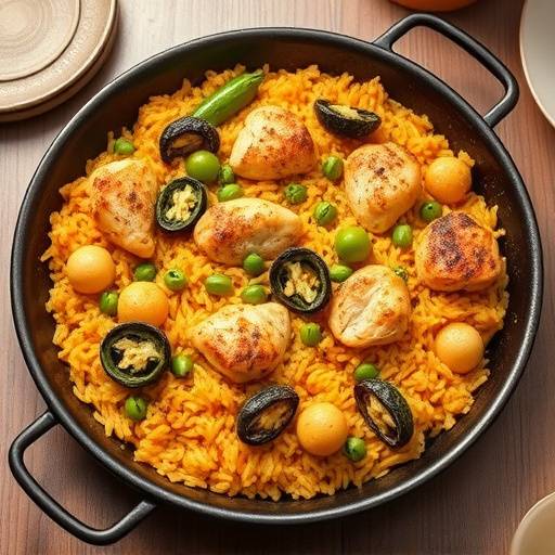 Paella valenciana servida en sart&radic;&copy;n, con arroz dorado, trozos de pollo, conejo, jud&radic;&ne;as verdes y garrof&radic;&ge;n.