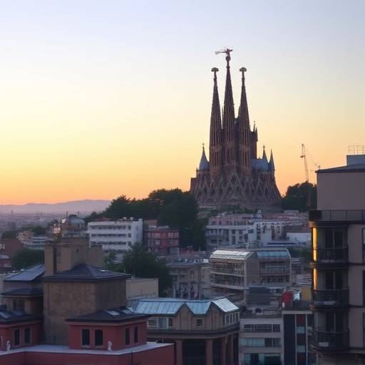 Paisaje urbano de Barcelona con la Sagrada Familia destacando sobre el horizonte al amanecer.