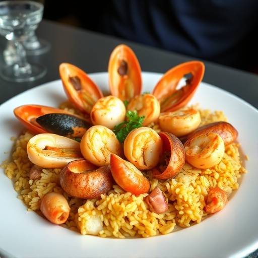 Un generoso plato de paella valenciana con mariscos frescos y arroz perfectamente cocido, espolvoreado con perejil.