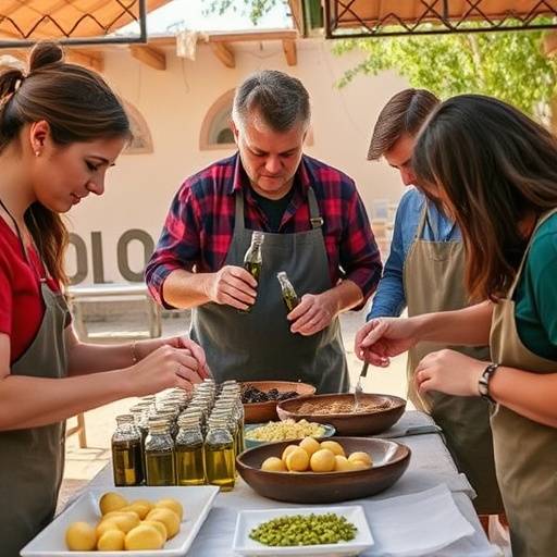Un grupo de personas probando diferentes tipos de aceitunas y aceite de oliva en una almazara